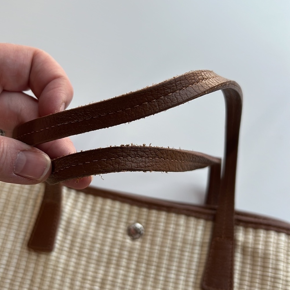 Furla Woven Straw Tote Cream Brown Leather Trim Large Shoulder Bag Resort Luxury - Picture 5 of 12